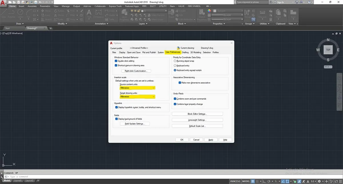 Tùy chỉnh các cài đặt ưu tiên người dùng trong tab User Preferences của AutoCAD