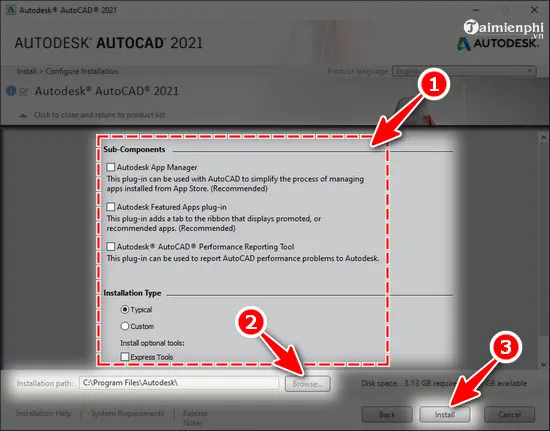 Tùy chỉnh các thành phần và đường dẫn cài đặt, sau đó nhấn Install AutoCAD 2021