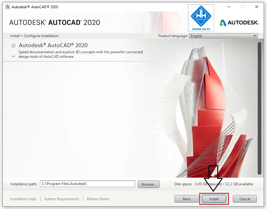 Tùy chọn các thành phần cần cài đặt cho AutoCAD 2020, người dùng có thể điều chỉnh hoặc để mặc định trước khi Install