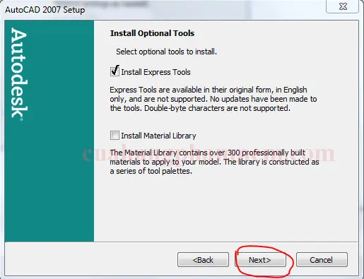 Tùy chọn cài đặt Express Tools cho AutoCAD 2007, một bộ công cụ hỗ trợ hữu ích