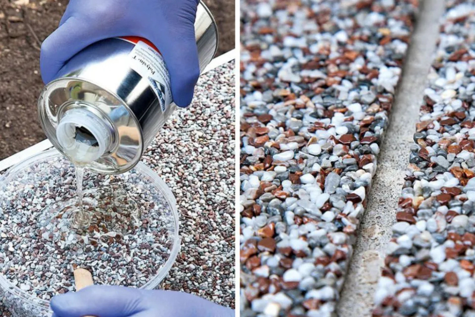 Vải địa kỹ thuật màu xám được sử dụng làm lớp ngăn cách giữa đất và lớp sỏi trang trí trong một khu vườn, tạo điểm nhấn thẩm mỹ.