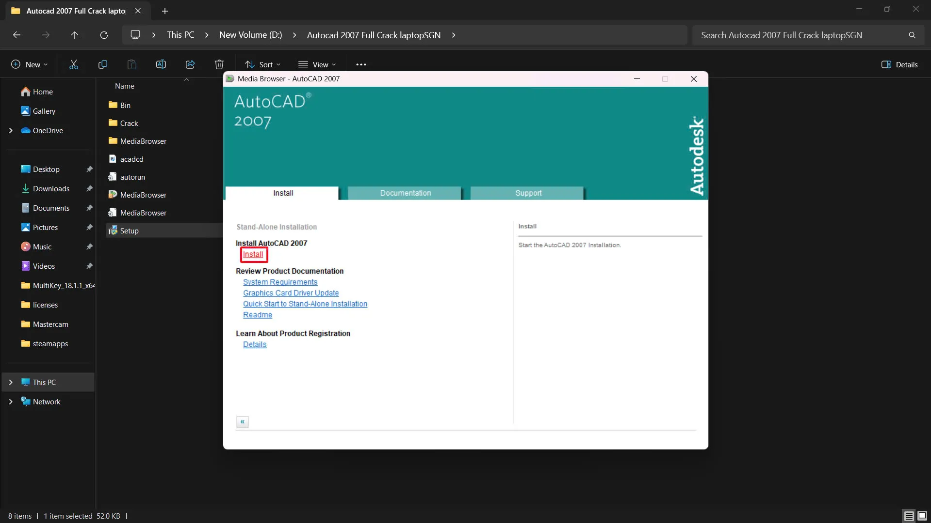 Xác nhận bắt đầu cài đặt AutoCAD 2007 bằng cách chọn Install và Ok