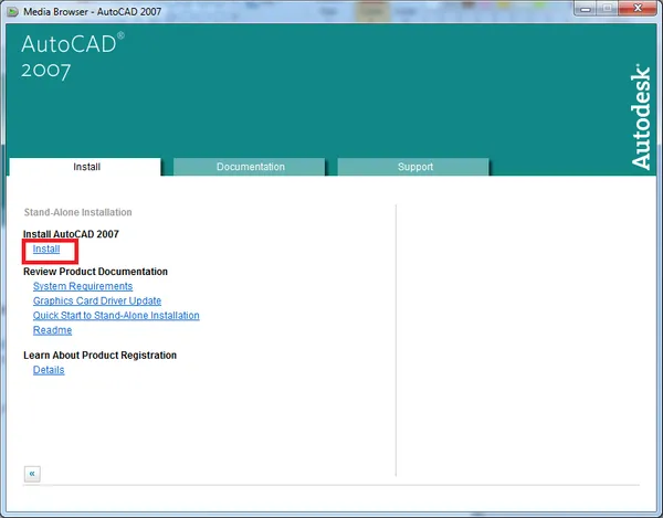 Xác nhận bắt đầu quá trình cài đặt AutoCAD 2007 bằng cách chọn Install