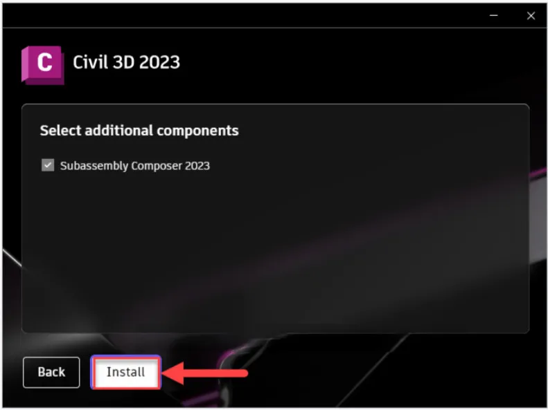 Xác nhận bắt đầu quá trình cài đặt Civil 3D 2023 bằng cách chọn Install trên giao diện.