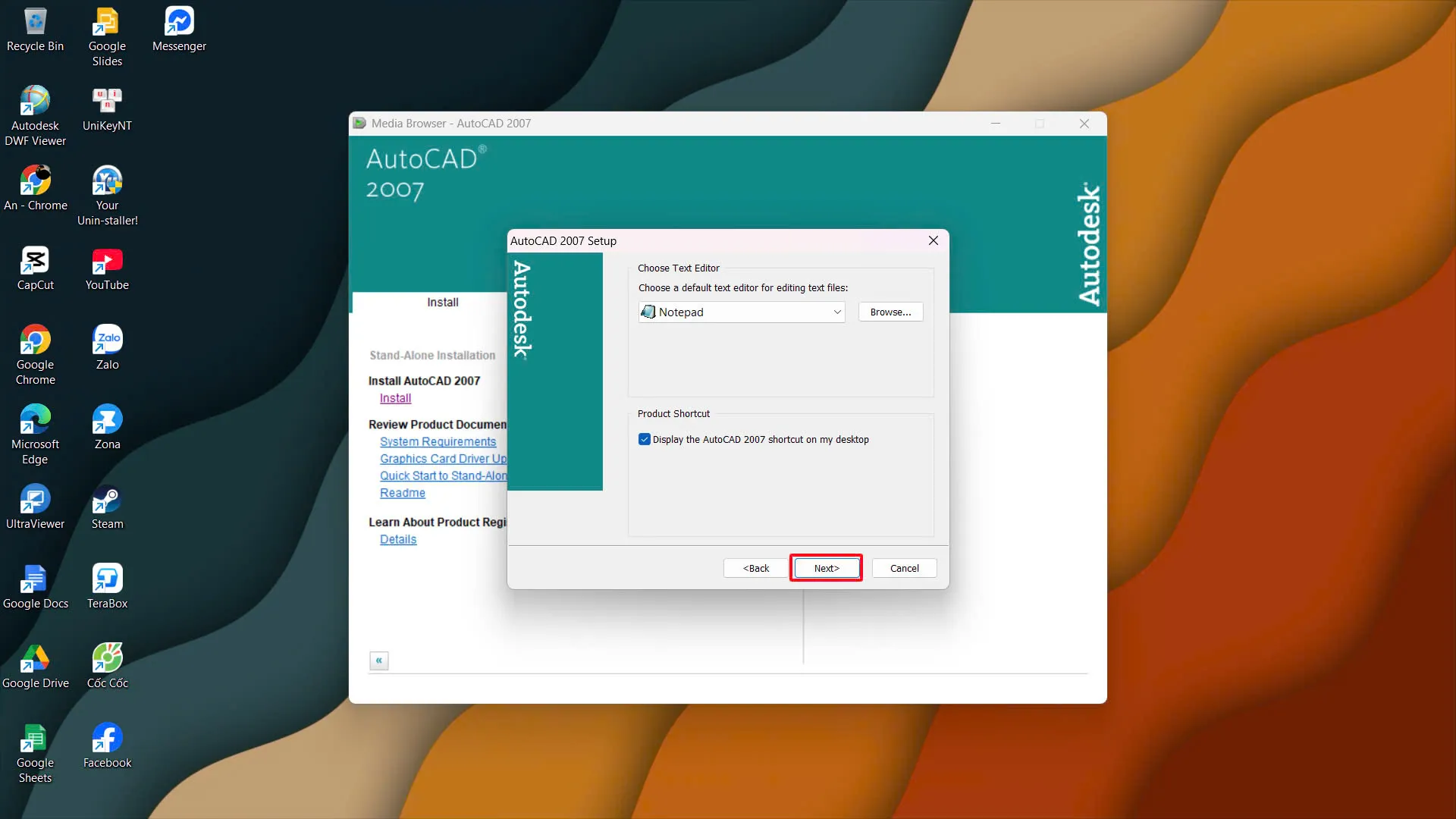 Xác nhận các tùy chọn cài đặt đã chọn cho AutoCAD 2007 trước khi tiếp tục