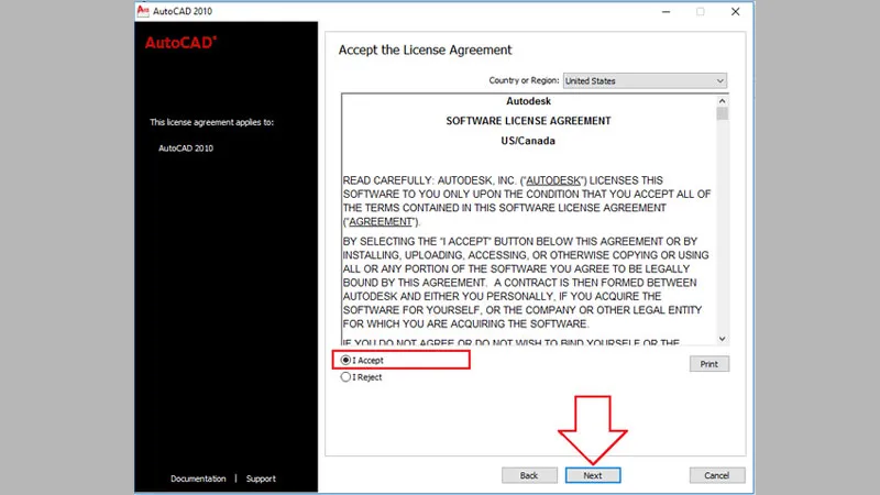 Xác nhận đồng ý với các điều khoản bằng cách chọn &quot;I Accept&quot; và &quot;Next&quot; trong quá trình cài đặt AutoCAD 2010.