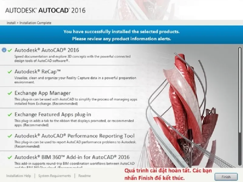 Xác nhận hoàn tất cài đặt AutoCAD 2016, chuẩn bị cho bước kích hoạt.