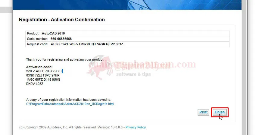Xác nhận hoàn tất quá trình kích hoạt AutoCAD 2010 thành công