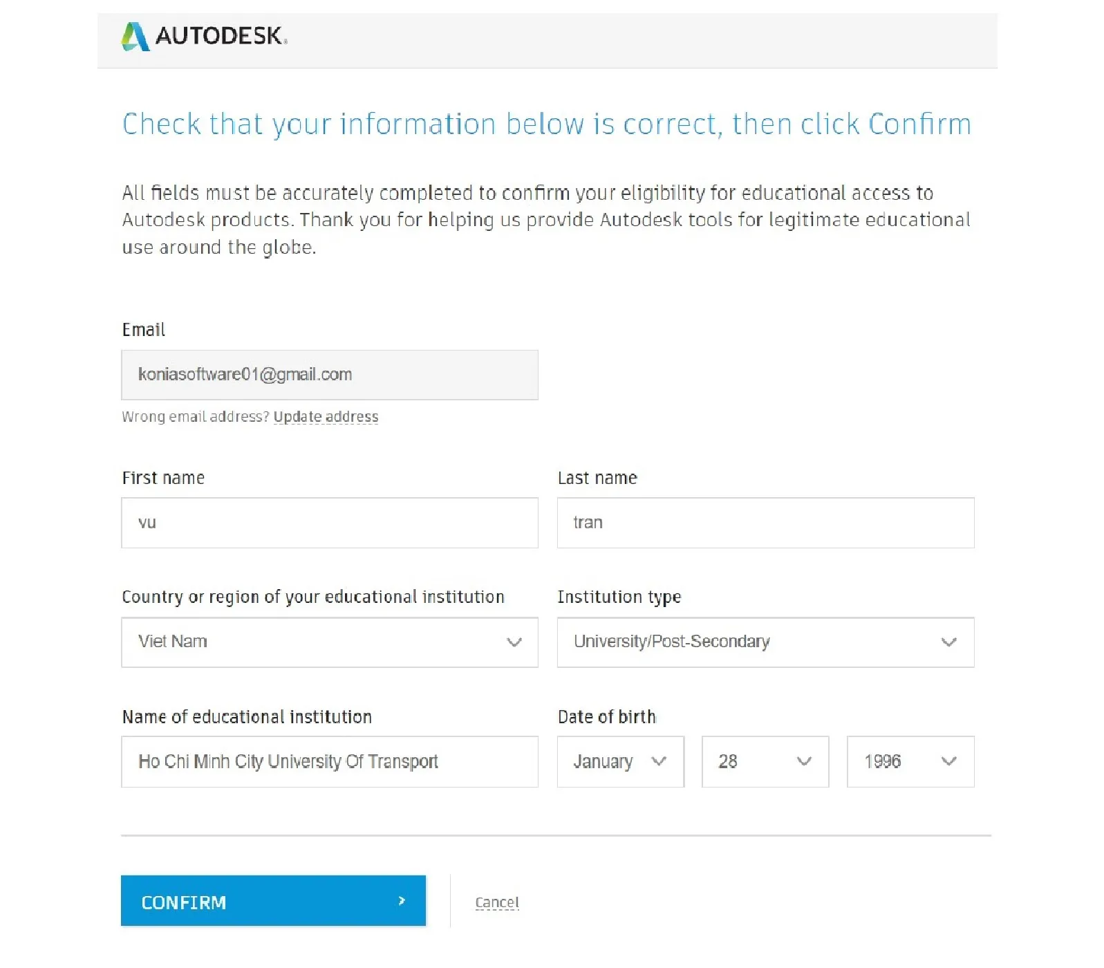 Xác nhận lại thông tin cá nhân và trường học đã đăng ký để cài đặt AutoCAD sinh viên