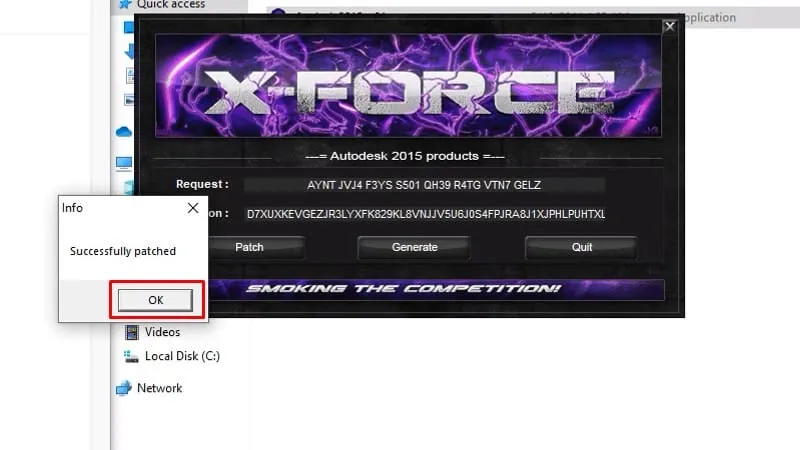 Xác nhận thông báo Patch thành công trong quá trình kích hoạt AutoCAD 2015