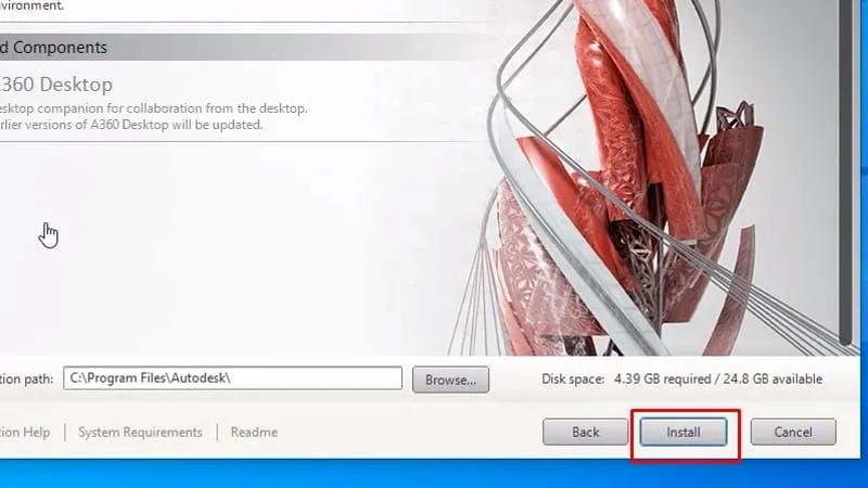 Xác nhận và bấm 'Install' để AutoCAD 2016 bắt đầu quá trình cài đặt vào máy tính