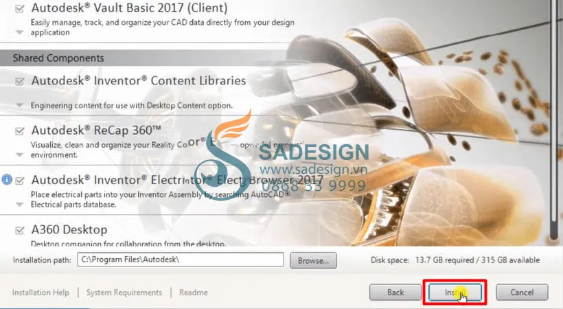 Xác nhận và nhấn Install để khởi động quá trình cài đặt Autodesk Inventor 2017