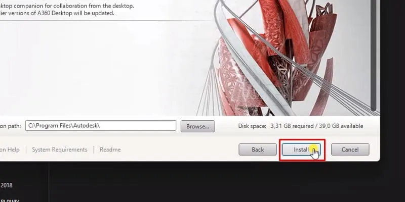 Xác nhận và nhấn nút 'Install' để bắt đầu quá trình cài đặt các thành phần của AutoCAD 2018