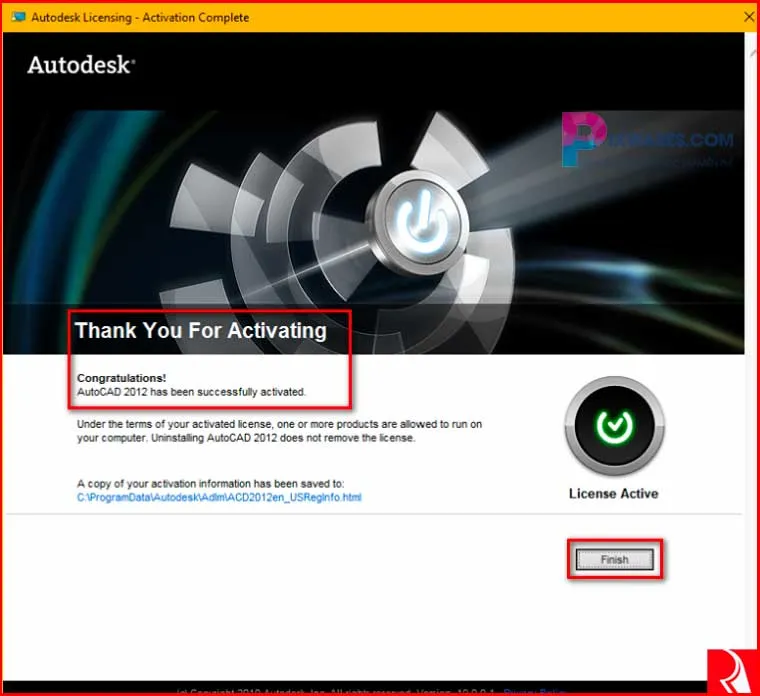 Bấm Finish để hoàn thành quá trình crack AutoCAD 2012