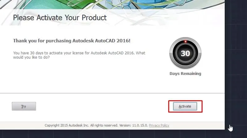 Bấm nút Activate để bắt đầu quá trình kích hoạt AutoCAD 2016