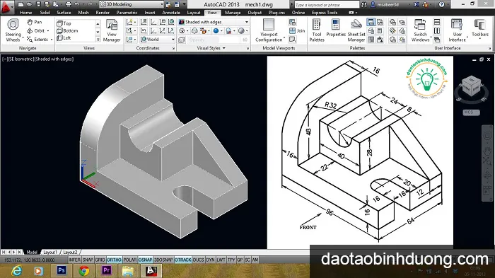 Bản vẽ kỹ thuật cơ khí chi tiết thể hiện mô hình 3D, một sản phẩm của phần mềm AutoCAD