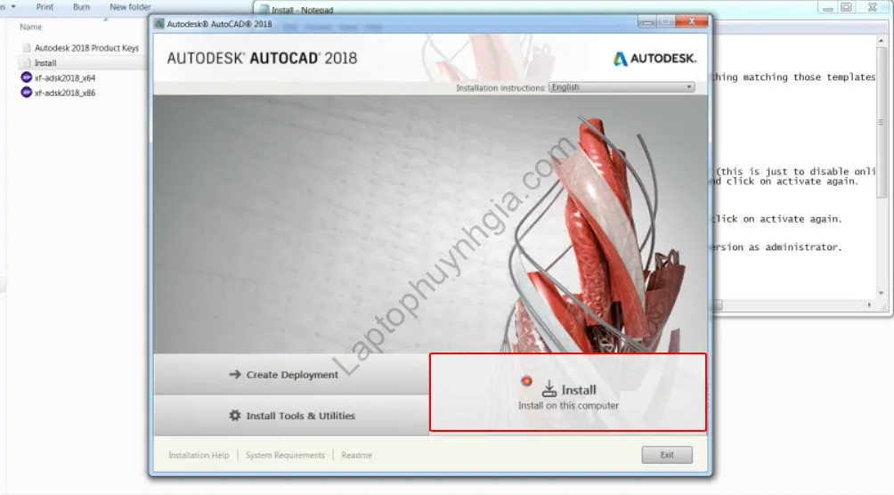 Bảng cài đặt Autodesk AutoCAD 2018, chọn Install