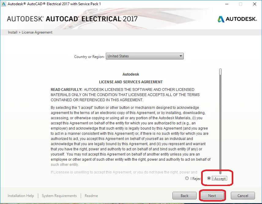 Chấp nhận điều khoản cấp phép trước khi cài đặt AutoCAD Electrical