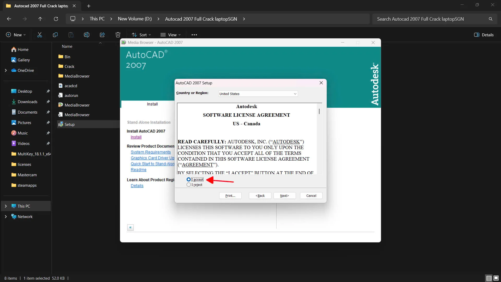 Chấp nhận điều khoản sử dụng AutoCAD 2007