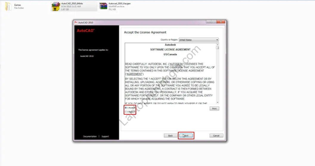 Chấp nhận điều khoản sử dụng của Autocad 2010