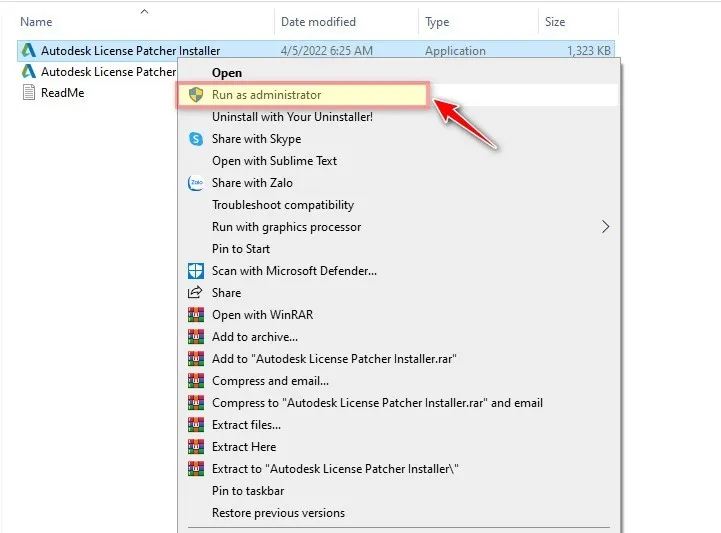 Chạy Autodesk License Patcher Installer với quyền quản trị