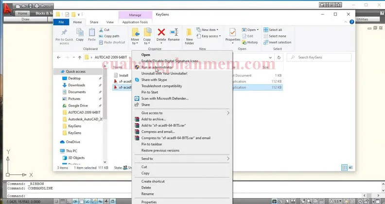 Chạy file Crack AutoCAD 2009 với quyền quản trị để bắt đầu quá trình kích hoạt bản quyền