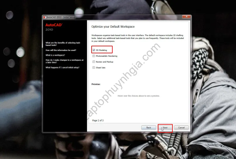 Chọn 3D Modeling trong cấu hình Autocad 2010