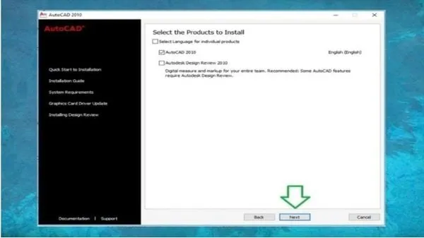 Chọn AutoCAD 2010 và nhấn Next