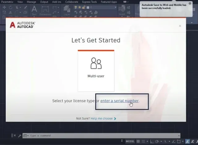 Chọn Enter a serial number để bắt đầu crack AutoCAD 2020