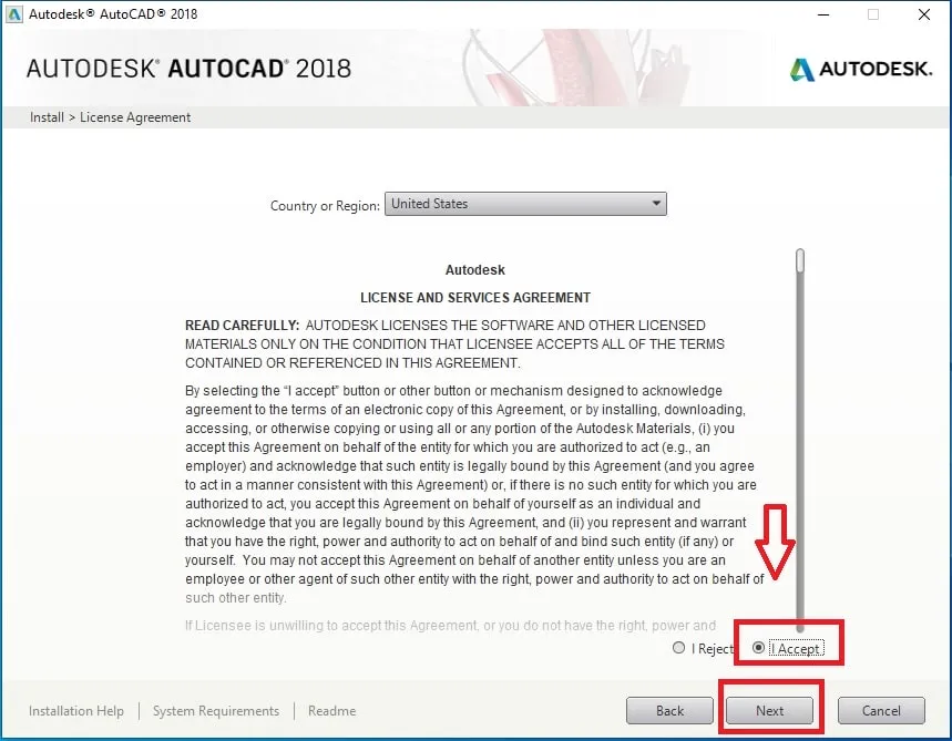 Chọn I Accept để chấp nhận điều khoản sử dụng AutoCAD 2018