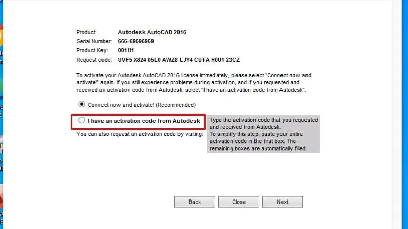 Chọn &quot;I have an activation code...&quot; để nhập mã kích hoạt
