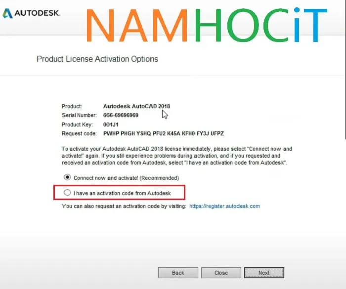 Chọn I have an activation code from Autodesk