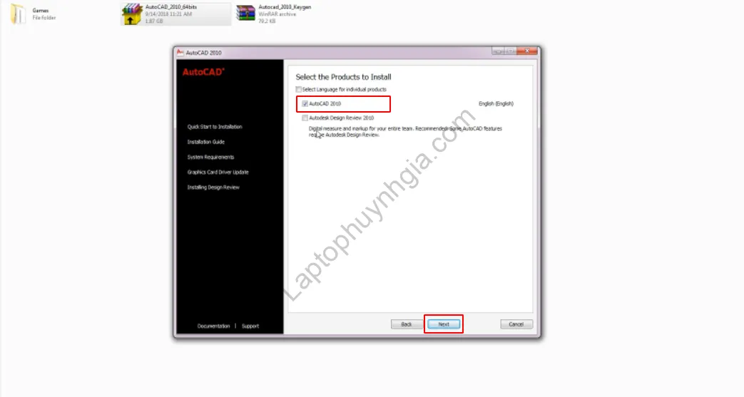 Chọn phiên bản AutoCAD 2010 để cài đặt