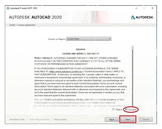 Chọn quốc gia và chấp nhận điều khoản cài đặt AutoCAD 2020