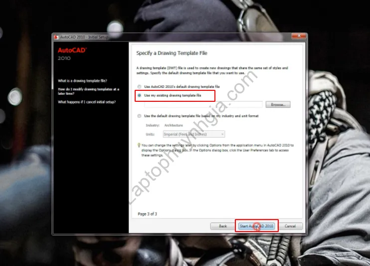 Chọn tệp mẫu bản vẽ có sẵn trong Autocad 2010