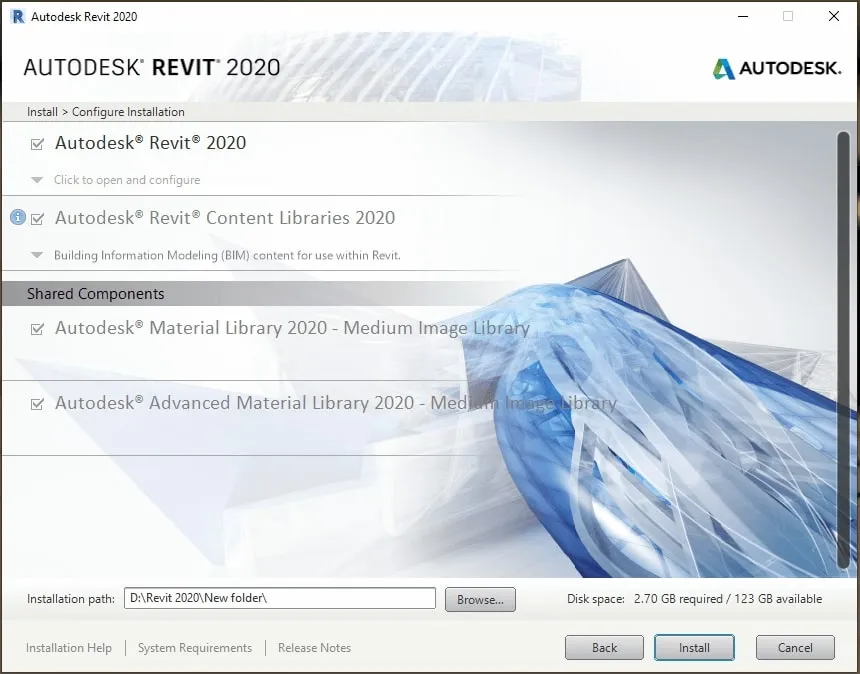 Chọn thành phần và đường dẫn cài đặt Revit 2020