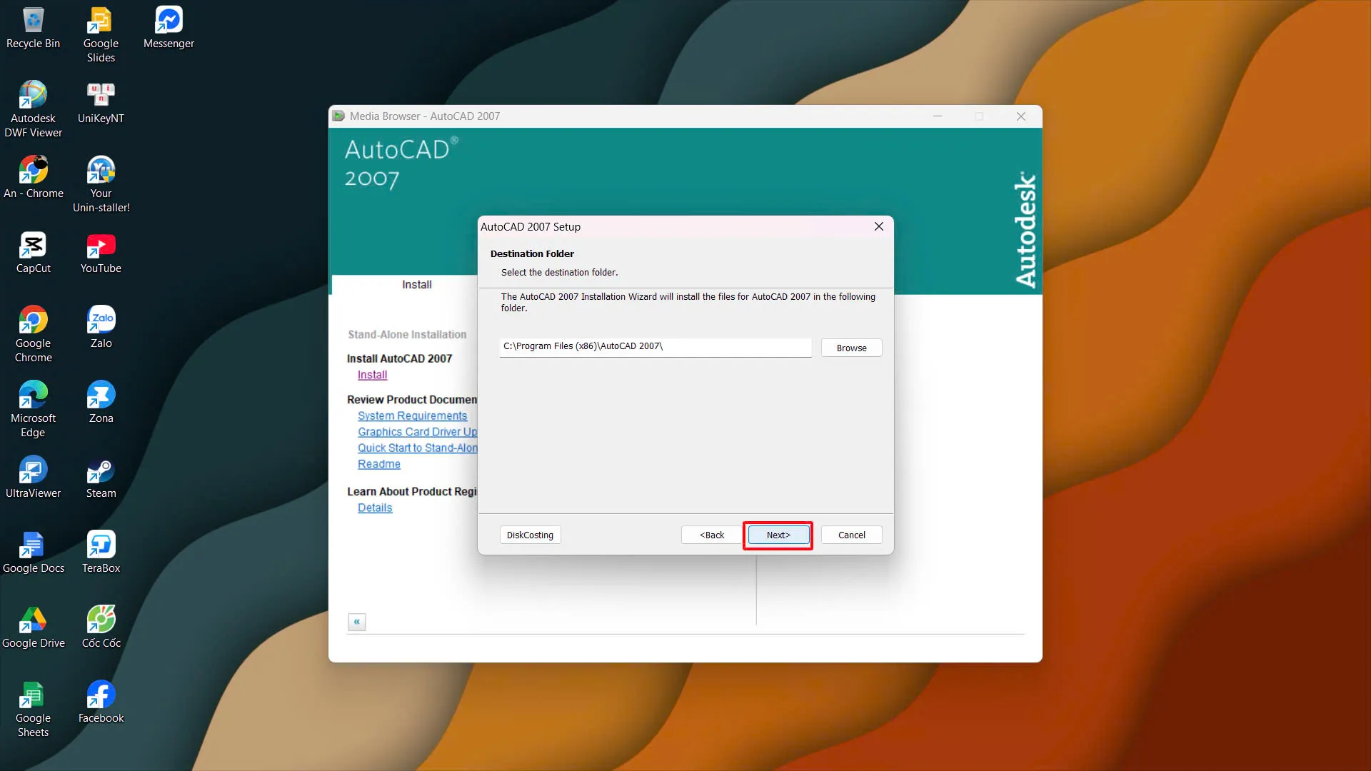 Chọn thư mục đích để cài đặt phần mềm AutoCAD 2007