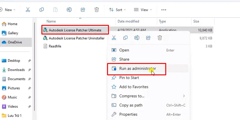 Chuột phải vào file crack và chọn Run as admin