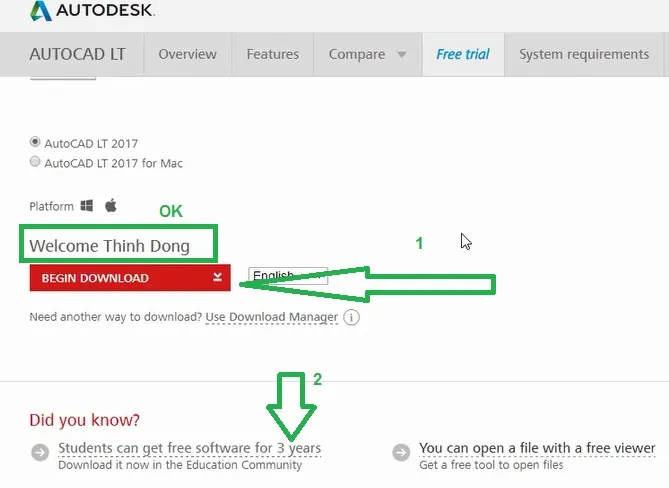 Cửa sổ tùy chọn tải bản dùng thử hoặc bản sinh viên