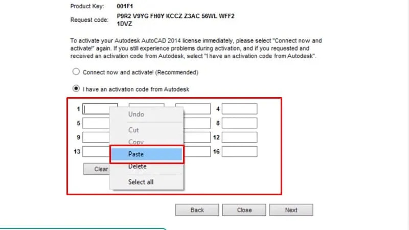 Dán Activation code vào ô nhập liệu