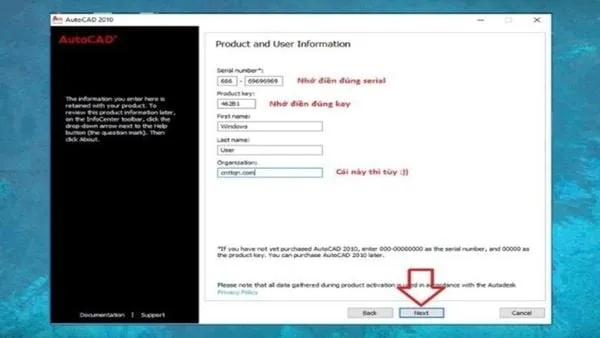 Điền chính xác Product Key và Serial Number