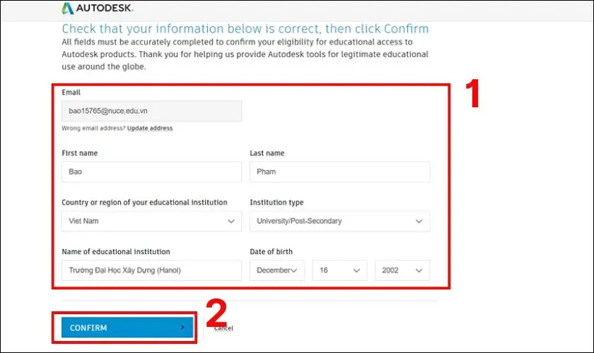 Điền thông tin xác thực chi tiết cho tài khoản sinh viên