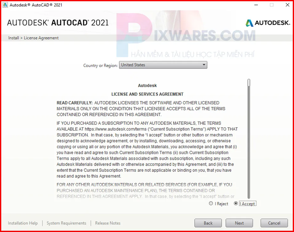 Đồng ý với các điều khoản sử dụng Autocad 2019