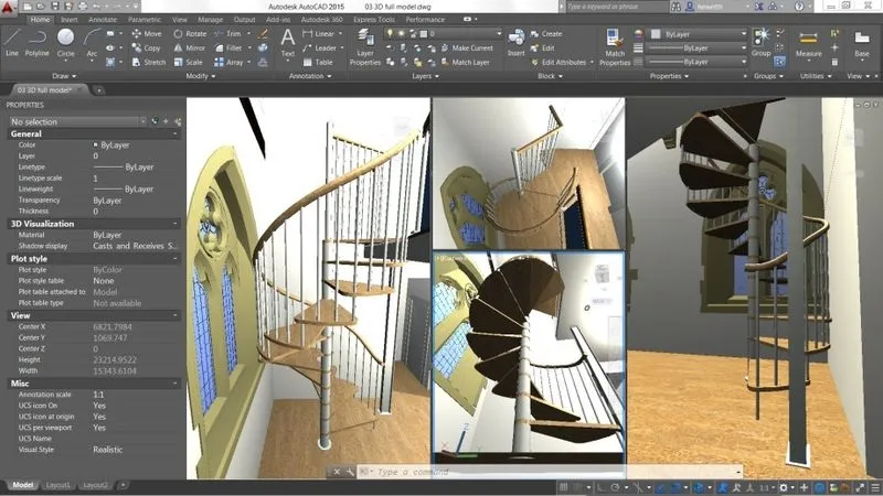 Giao diện người dùng của AutoCAD 2015 với các thanh công cụ và bảng vẽ