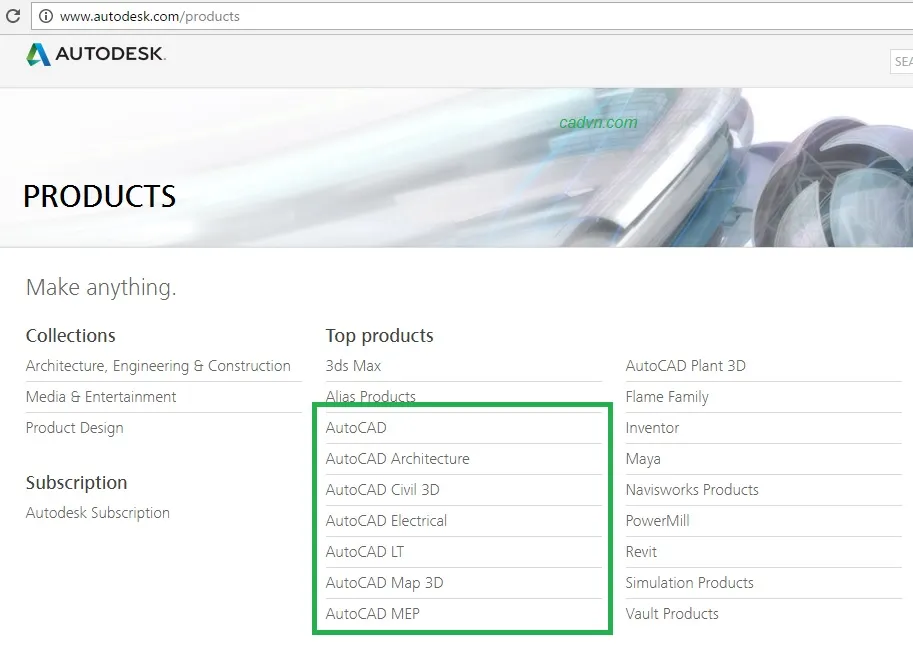 Giao diện trang chủ Autodesk hiển thị các sản phẩm phần mềm