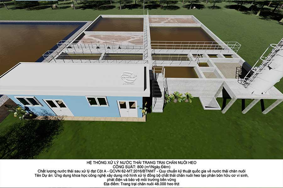 Mô hình 3D chi tiết về một hệ thống xử lý nước thải chăn nuôi hiện đại đáp ứng đầy đủ các tiêu chuẩn của QCVN nước thải chăn nuôi