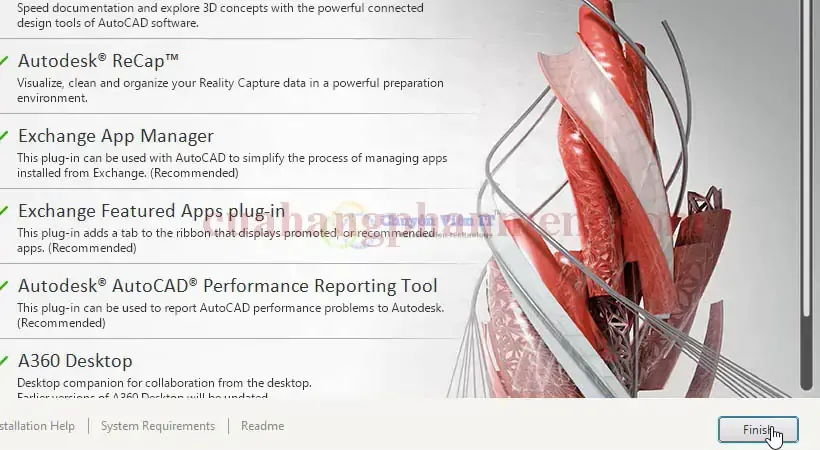 Hoàn tất cài đặt AutoCAD 2018 và chọn Finish