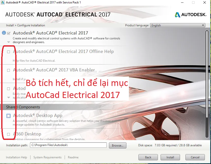 Lựa chọn các thành phần cài đặt AutoCAD Electrical 2017
