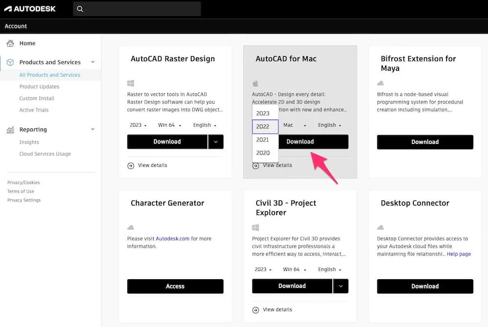 Lựa chọn phiên bản AutoCAD để tải về