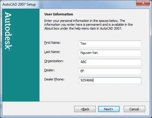 Màn hình điền thông tin người dùng và công ty trong cài đặt AutoCAD 2007